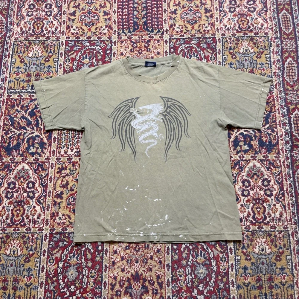 Mens Dragon Wings Graphic T Shirt Olive Green Short Sleeve Casual Tee‎